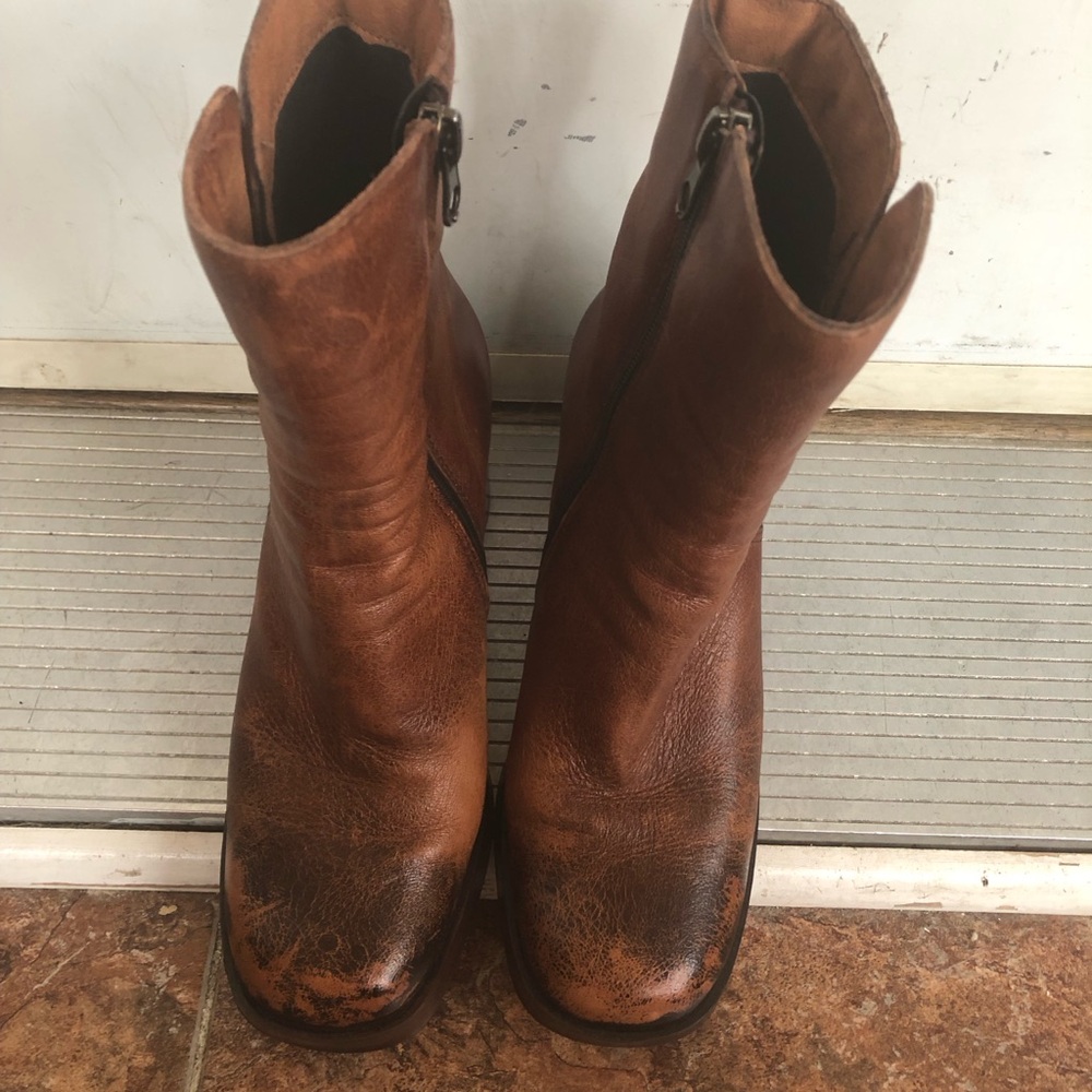 Women's Cognac Leather Ankle Booties with Side Zip